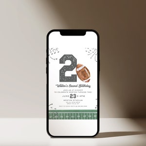 May include: A smartphone displays a football-themed birthday invitation. The design features a large number 2, a watercolor football, and play diagrams. Text reads "Weston's Second Birthday" with event details, including the date, time, and location.