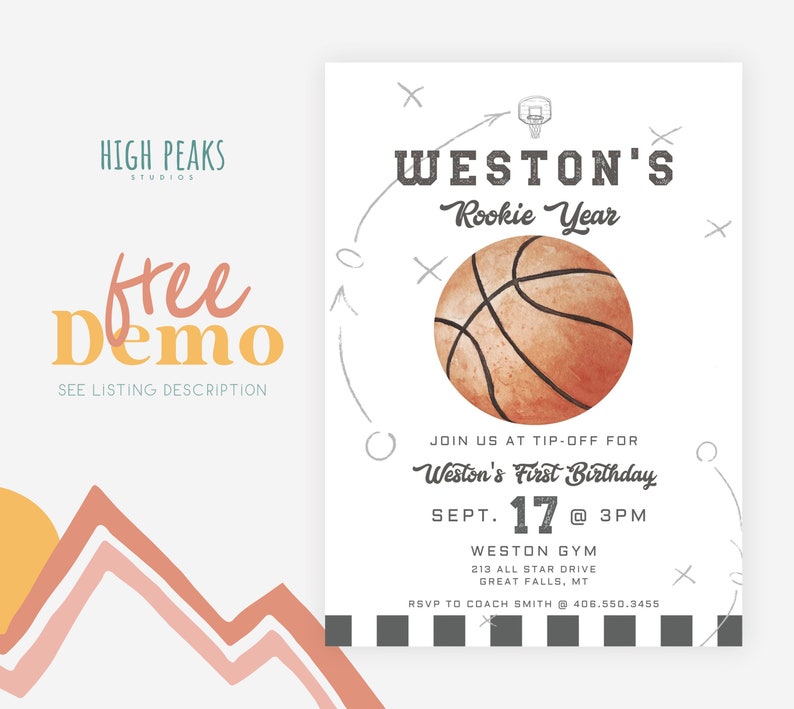 May include: A basketball-themed birthday invitation with a watercolor basketball illustration. The invitation reads "Weston's Rookie Year" and includes details for Weston's first birthday party, including the date, time, location, and RSVP information.