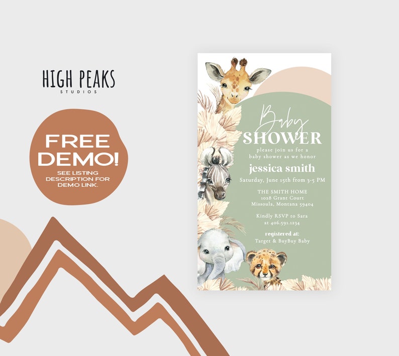Editable Boho Safari Baby Shower Evite Jungle Animal Gender Etsy