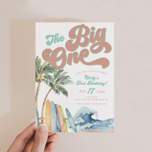 Editable First Birthday Invitation Girl The Big ONE Surfing birthday Invite Retro Girl Surf Surfboard Beach Party DIGITAL Download a85g