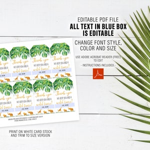 Pode incluir: Folha de cart&otilde;es de agradecimento imprim&iacute;veis com tema de selva. Cada cart&atilde;o apresenta ilustra&ccedil;&otilde;es em aquarela de folhas tropicais, animais e o texto "Thank you, we hope you had a wild time!". Os cart&otilde;es s&atilde;o edit&aacute;veis e imprim&iacute;veis.