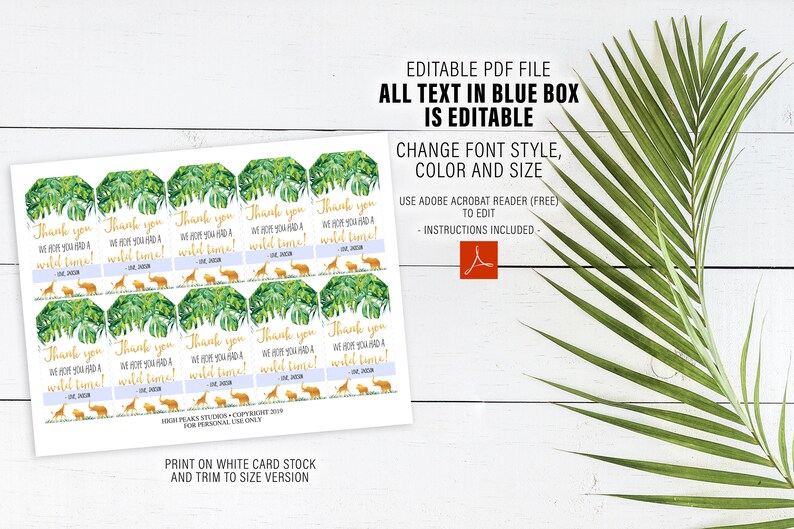 Pode incluir: Folha de cart&otilde;es de agradecimento imprim&iacute;veis com tema de selva. Cada cart&atilde;o apresenta ilustra&ccedil;&otilde;es em aquarela de folhas tropicais, animais e o texto "Thank you, we hope you had a wild time!". Os cart&otilde;es s&atilde;o edit&aacute;veis e imprim&iacute;veis.