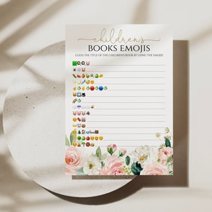 Tarjeta de juego de emojis para baby shower (libros infantiles), actividad imprimible de baby shower con flores rosas, archivo digital, descarga instantánea, Baby In Bloom, pág. 24