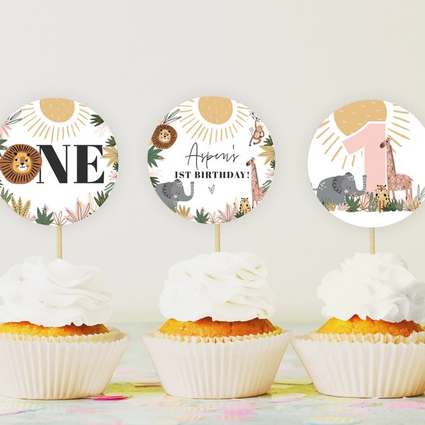 Boho Jungle Birthday Cupcake Toppers, wild one Safari Birthday Cake Toppers Modern First Birthday Decor Printable Instant Download a89g