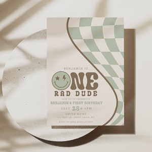 One Rad Dude Birthday Invitation Printable, First Birthday Boy Invite Template, Reto Smiley Face Theme, Canva Template HPS03