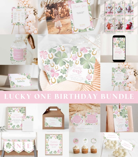 Lucky One First Birthday Bundle, Pink Shamrock 1st birthday Party Decor, Clover St Patricks Day Birthday Editable Printables, HPS10p
