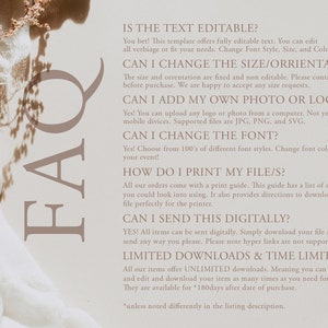 Pu&ograve; includere: Uno sfondo testurizzato beige e bianco con un elenco di domande frequenti (FAQ) su un prodotto digitale. Il testo include domande su modifica, dimensioni, aggiunta di foto, font, stampa e consegna digitale. Il testo menziona anche download illimitati e un limite di tempo di 180 giorni.