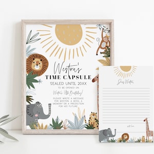 Afdrukbare sjabloon Boho Safari Time Capsule, BEWERKBARE Jungle eerste feestvarken, Boho Jungle Animal Party wensen kaarten DIY digitale bestanden, a89b