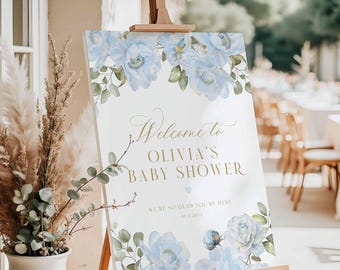 Dusty Blue Floral Baby Shower Welcome Sign, Sweet Baby Boy Printed + Shipped, ps05