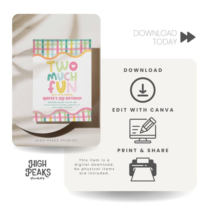 May include: A digital download birthday invitation with the text "TWO MUCH FUN" in colorful letters. The invitation includes details for Harper's 2nd birthday. The design features a plaid border and the option to download, edit with Canva, and print.