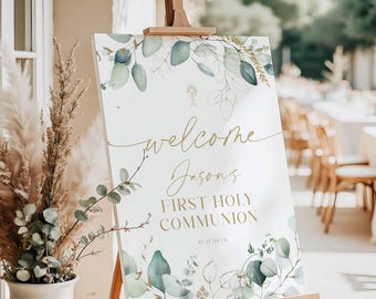 Greenery First Communion Welcome Sign, Gold Elegant Garden Gender Neutral, Printed + Shipped, hs07