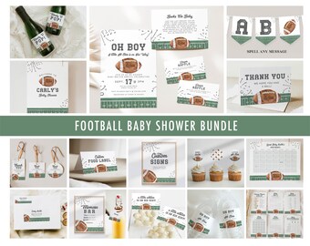 Football Baby Shower Invitation Bundle Printables, Large Baby Shower Editable Decor Set, A little all star is on his way, Canva File, a98