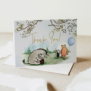 Carte de remerciement pliée imprimable, carte de remerciement d'anniversaire Winnie l'ourson classique, remerciement pour baby shower ourson ours, fichier numérique modifiable a70b