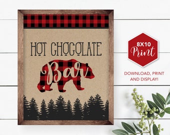 Lumberjack Hot Chocolate Bar Table Sign, warm up at, Buffalo Check, bear, lumberjack sign, party decoration, hot chocolate station, P13