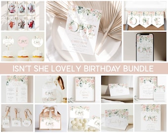 Isn't She Lovely Birthday Invitation Bundle, First Birthday Girl Decorations, Blush Pink and Gold Flowers, Isn't She Onderful Party, A83