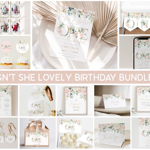 Isn't She Lovely Birthday Invitation Bundle, First Birthday Girl Decorations, Blush Pink and Gold Flowers, Isn't She Onderful Party, A83