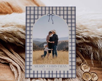 Vintage Gingham Christmas Card Template: DIY Navy Blue Family Photo (Canva File)