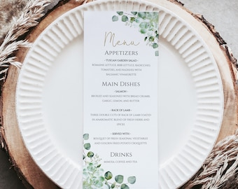 Menüvorlage, Sukkulenten und Eukalyptus Hochzeitsmenükarte, Greenery Dinner Menu Printable, SOFORTIGER DOWNLOAD, 100% bearbeitbarer Text, p36, hp2