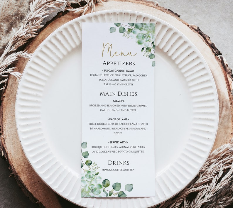 Menu Template, Succulent and Eucalyptus Wedding Menu Card, Greenery Dinner Menu Printable, INSTANT DOWNLOAD, 100% Editable Text, p36, hp2 image 1