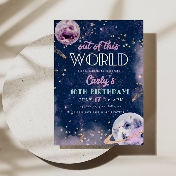 Editable Space Birthday Invitation Out Of This World Birthday Pink Gold Girl Galaxy Planets Outer Space Party Shooting Star Printable, a137