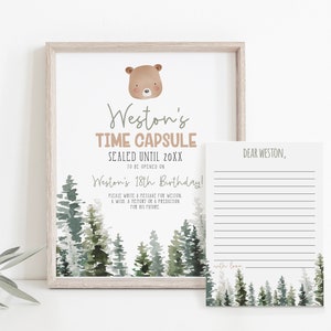 Geburtstag Zeitkapsel Druckbare Vorlage, EDITIERBARE Beary Erster Geburtstagsjunge, rustikale Waldbärparty wünscht Karten DIY Digitale Dateien, a50