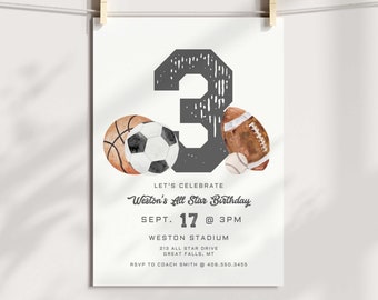 May include: A white invitation with a gray number 3, a basketball, a soccer ball, a baseball, and a football. The text reads "Let's Celebrate Weston's All Star Birthday Sept. 17 @ 3PM Weston Stadium 213 All Star Drive Great Falls, MT RSVP to Coach Smith @ 406.550.3455"