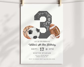 Third Birthday Invitation Printable Boy, Sports Birthday, All Star Editable Sports birthday Invite Template, Basketball Invite,Evite a121