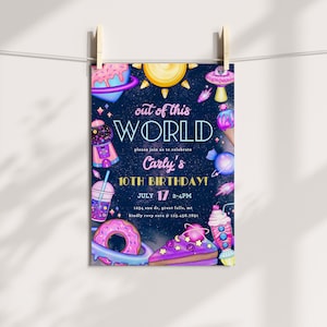 Cosmic Galaxy Birthday Invitation Girl Printable, Cosmic Candy Retro Party Template, Out of this World, Candy Sweets Birthday Canva a136 image 5