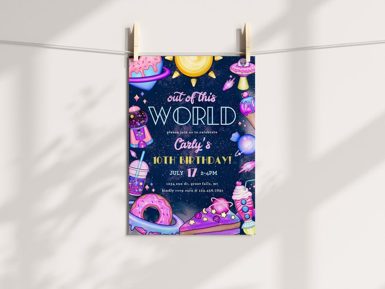 Cosmic Galaxy Birthday Invitation Girl Printable, Cosmic Candy Retro Party Template, Out of this World, Candy Sweets Birthday Canva a136 image 5