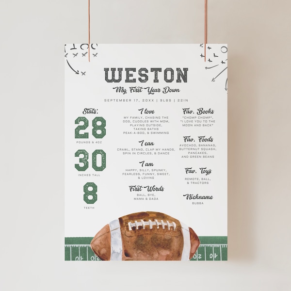 Milestone Poster, Football Birthday Stats Board,Babies First Year Statistics Board,My First Year Poster Board,Digital Download Printable,A98