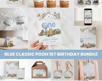 Classic Winnie The Pooh First Birthday Bundle Printables, BLue Large Boy Birthday Decor Set, Editable Digital Corjl Templates, a70b