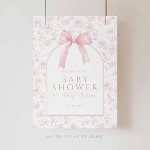 Panneau de bienvenue rose toile florale pour baby shower, imprimable, chinoiseries élégantes, noeud coquette bébé fille, retoucher tout le texte avec un modèle sur toile, HPS47p