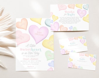 May include: A baby shower invitation with a pastel pink, yellow, and blue color scheme. The invitation features a heart-shaped design with the text "A Little Sweetheart is on Her Way" and the baby's name, "Harper Anderson". The invitation also includes the date and time of the shower, as well as the location. The invitation is decorated with a variety of pastel-colored hearts.