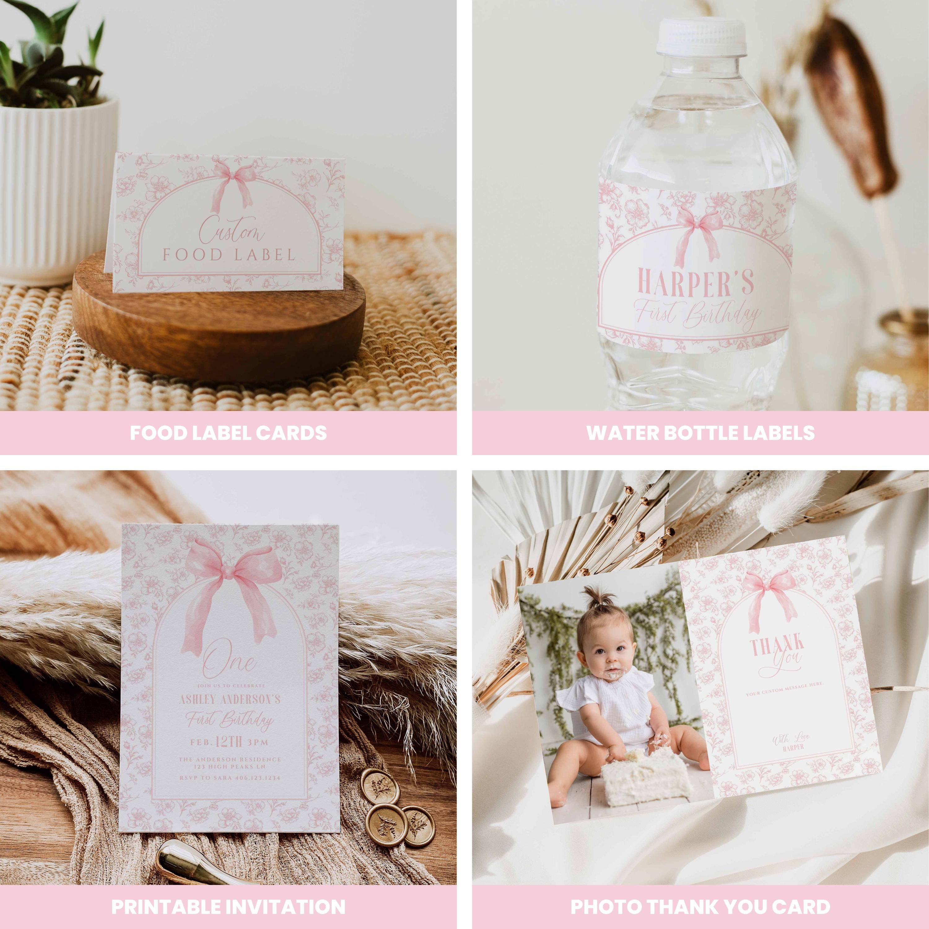 Vintage Pink Bow Birthday Bundle Printable Kit, Floral Toile Girl ...