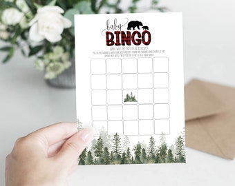 Lumberjack Baby Bingo Printable Game Card, Baby Shower Bingo Game, Buffalo Plaid Baby Shower, Bear, Rustic Pine Trees, Instant Download, A01