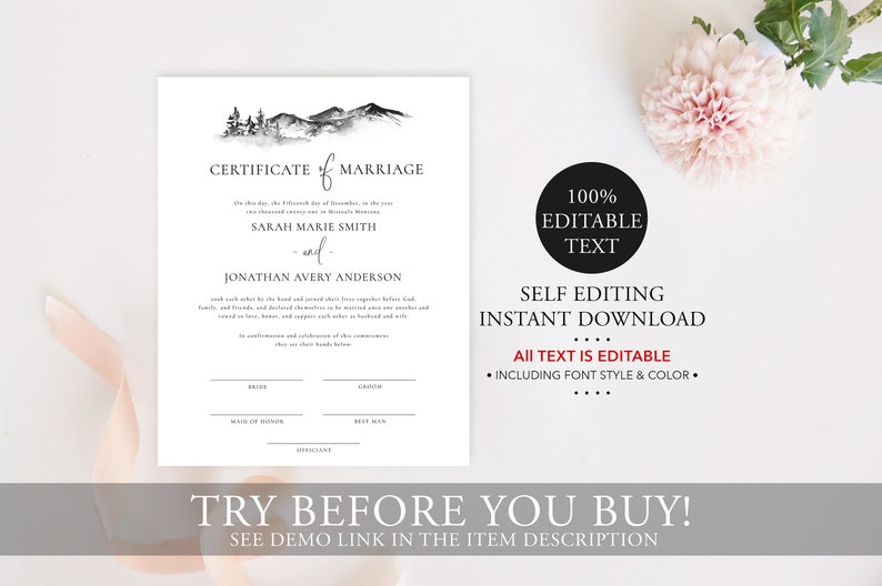 ASPEN Certificate Of Marriage Printable Mountain Marriage Certificate 