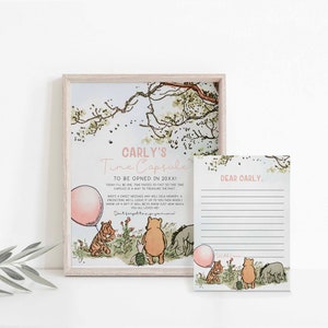 Cartes à imprimer et enseigne capsule temporelle modifiables, classique Winnie l'ourson et ses amis, ballon rose, modèle de toile, A70 g