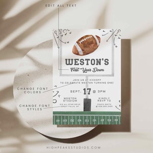 May include: A football-themed first birthday party invitation with a brown and white football, green and white football field, and the text "Weston's First Year Down". The invitation includes the date, time, and location of the party.