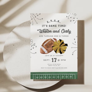 May include: A white invitation with a football and a gold and black cheerleader pom-pom. The text reads "It's Game Time! Weston and Carly are turning one and three!"  Join us at kickoff Sept. 17 @ 3PM 213 All Star Drive Great Falls, MT RSVP to Coach Smith @ 406.550.3455