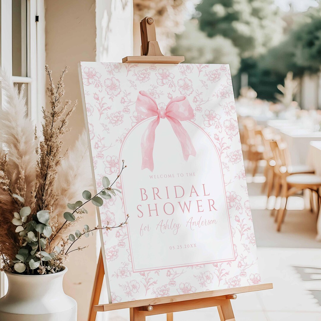 Pink Bow Floral Toile Bridal Shower Welcome Sign Printable, Elegant ...