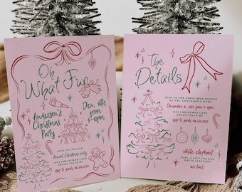 May include: Two pink Christmas party invitations with red and green illustrations. The left invitation reads "Oh What Fun" and the right reads "The Details." Both cards include event details, such as date, time, and location.