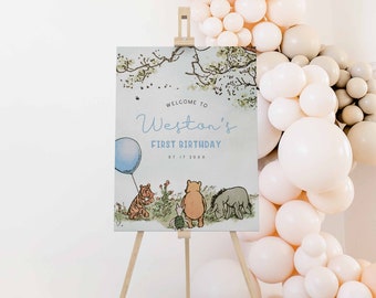 Editable Birthday Welcome Sign Boy, Classic Winnie The Pooh Welcome Poster, Winnie the Pooh Blue Balloon,Edit all Text, Canva Template,a70b