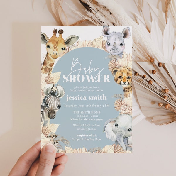 Editable Boho Safari Baby Shower Invitation, Jungle Animal Baby Shower Invite Template, Baby Blue and Muted Dried Grass, DIY Corjl File,a72