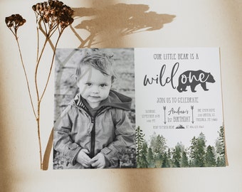 Wild One Birthday Boy Picture Invitation, First Birthday Forest Invitation Template, Bear Invitation, Instant Download, Pine Tree Invite,P14