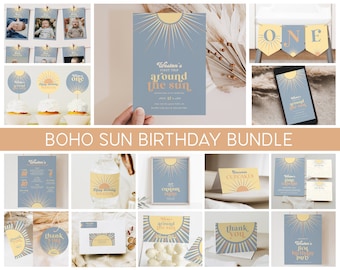 Boho Sun Birthday Invitation Bundle, First Trip Around the Sun Birthday Printable Set, 1st Birthday Retro, Bohemian Invite,Digital Files a88