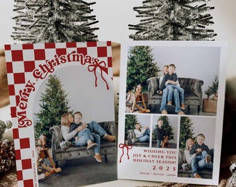 Retro Bow and Checkered Photo Christmas Card Template, Editable Holiday Card, DIY Christmas Photo Card, Xmas Card with Arch Photo,Canva File
