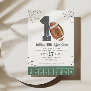 Football Birthday Invitation, First Year Down, Game On, Football Invite, Editable First birthday Invite Template, Boy Birthday Invite,a98