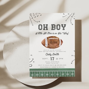 Invito per baby shower a tema football, un piccolo All Star è in arrivo, Game On, invito a tema football, modello di invito modificabile, invito per neonato, a98
