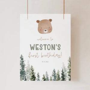 Bear Birthday Welcome Sign, Beary First Birthday Welcome Poster, Large birthday board, Woodland first birthday Decor, Woodsy digital a50