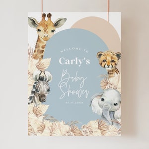 EDITABLE Boho Safari Baby Shower Welcome Sign Baby Boy Shower Large Sign,Jungle Animal Template Blue Muted Beige Arches, DIY Corjl File a72